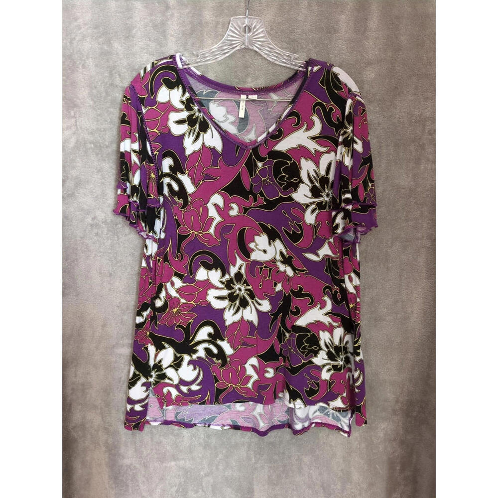 Cato Floral Tunic Blouse Womens Large V-Neck Short Sleeve Relaxed